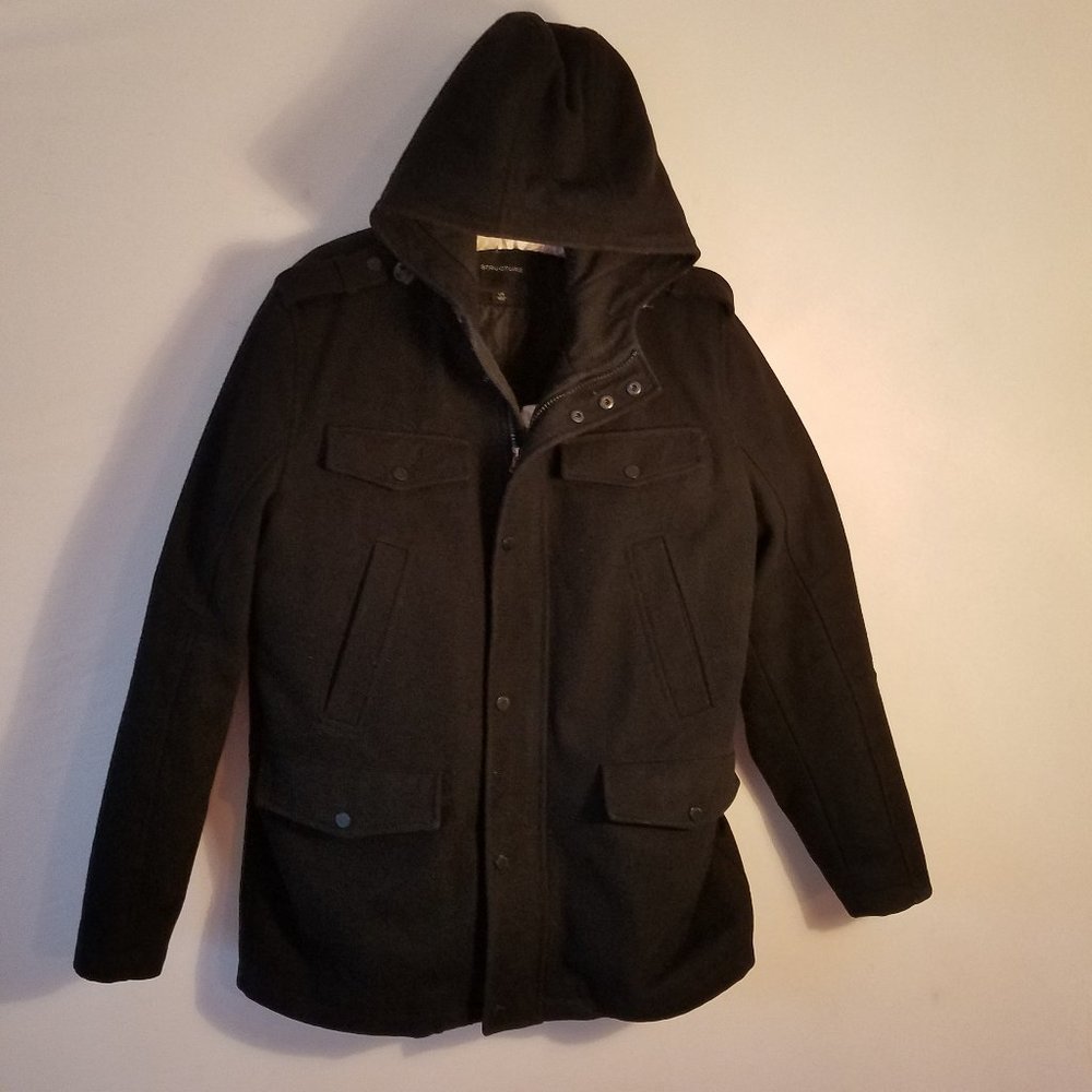 Mens Black STRUCTURE Peacoat Zip Front, Hood Sz. L